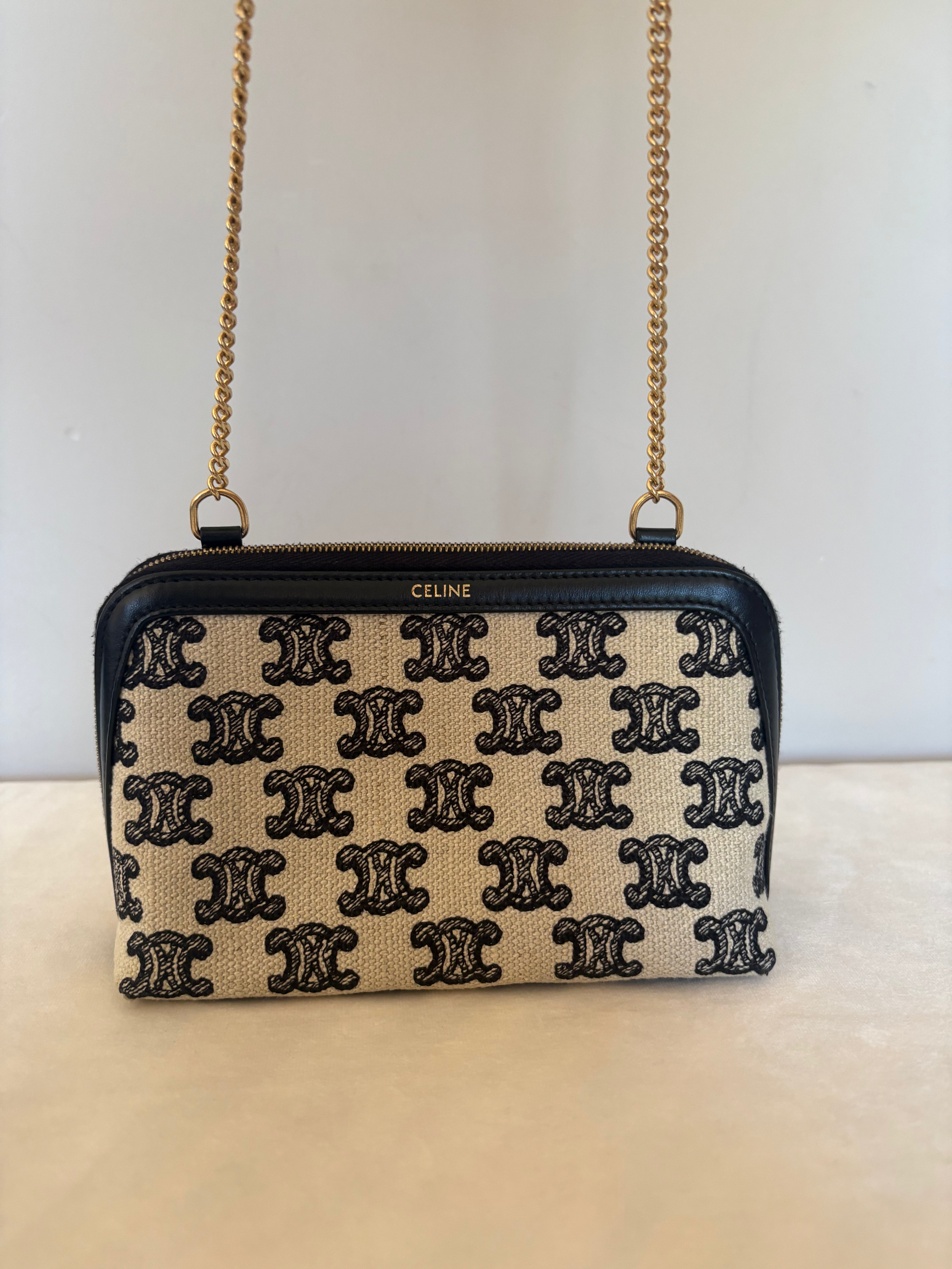 Celine Triomphe Canvas & Leather Chain Shoulder Bag Beige x