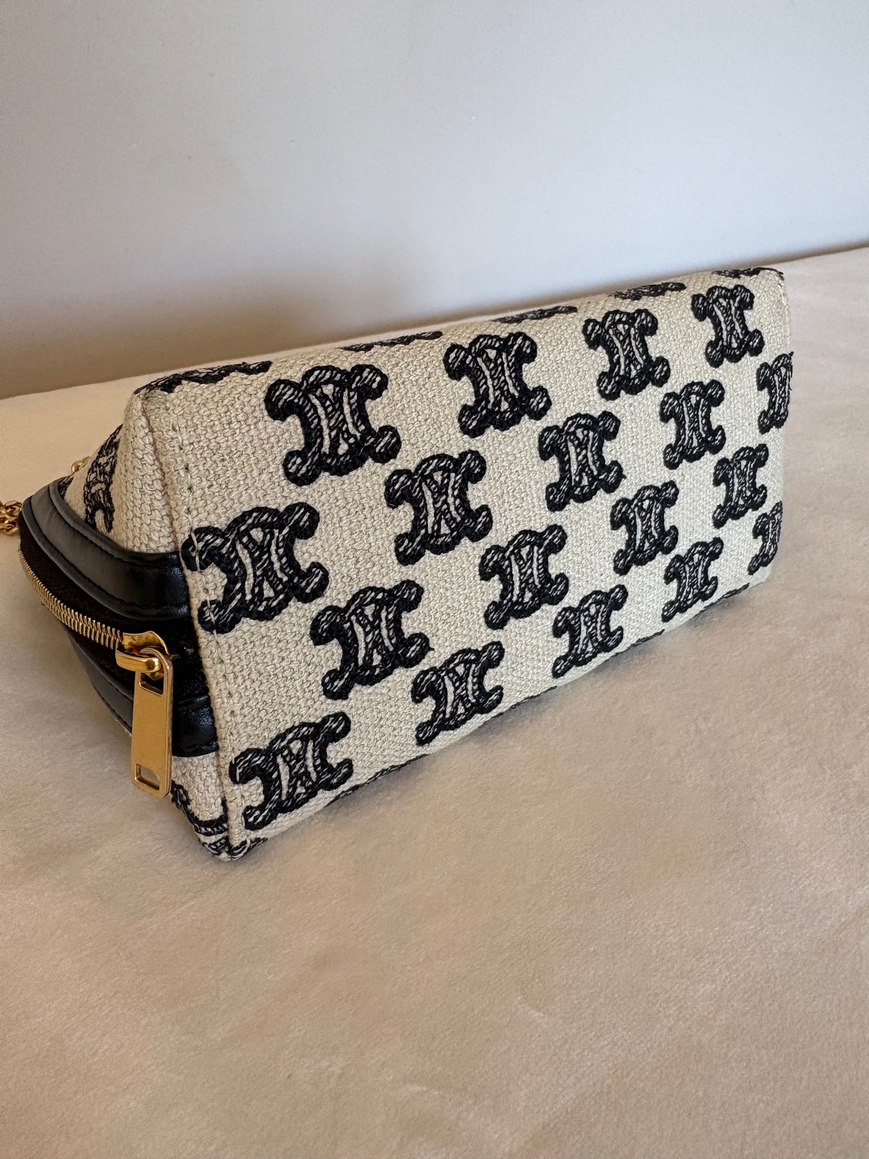 Celine Triomphe Canvas & Leather Chain Shoulder Bag Beige x
