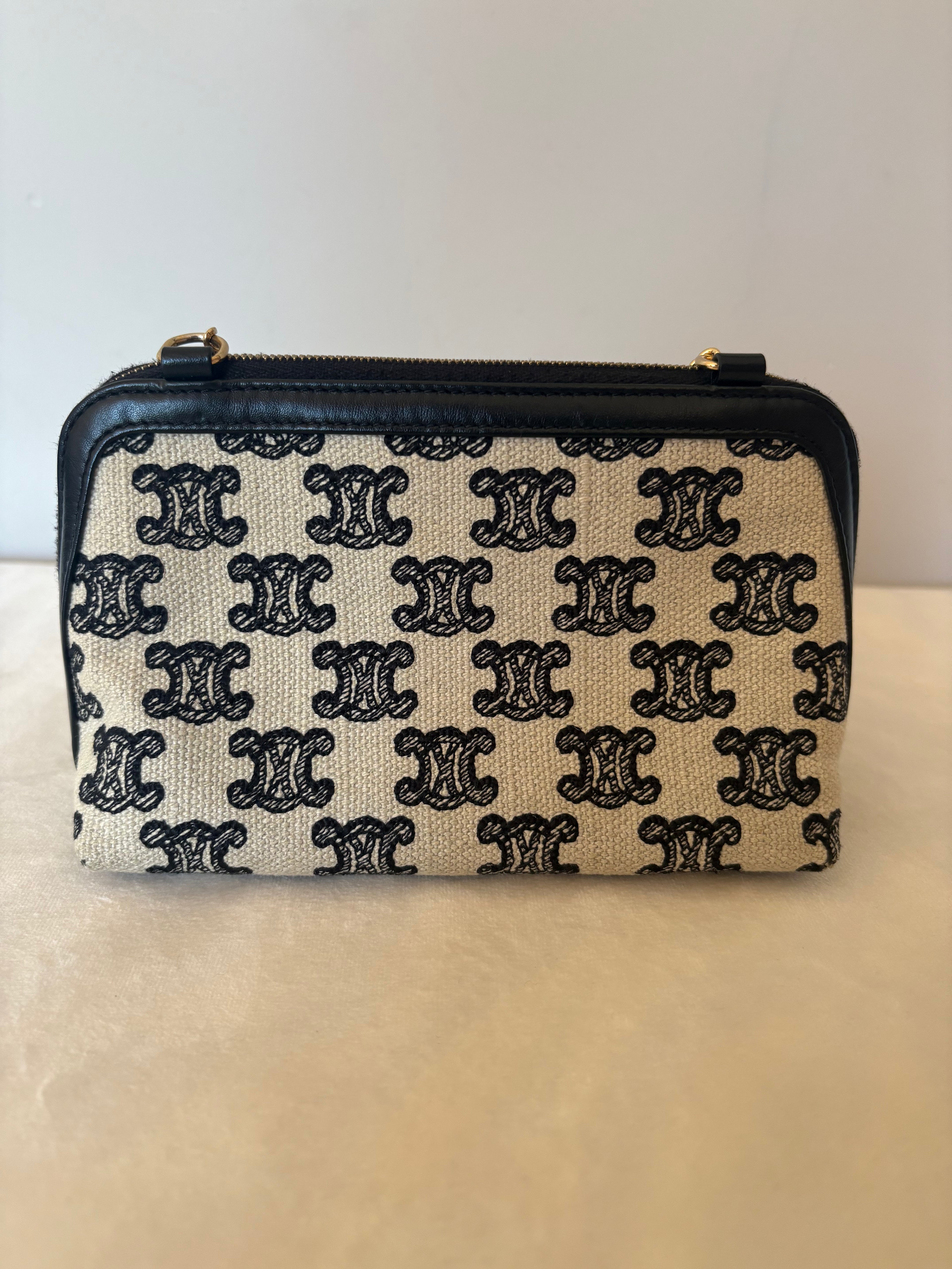 Celine Triomphe Canvas & Leather Chain Shoulder Bag Beige x