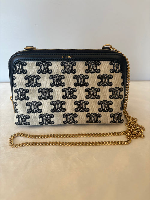 Celine Triomphe Canvas & Leather Chain Shoulder Bag Beige x