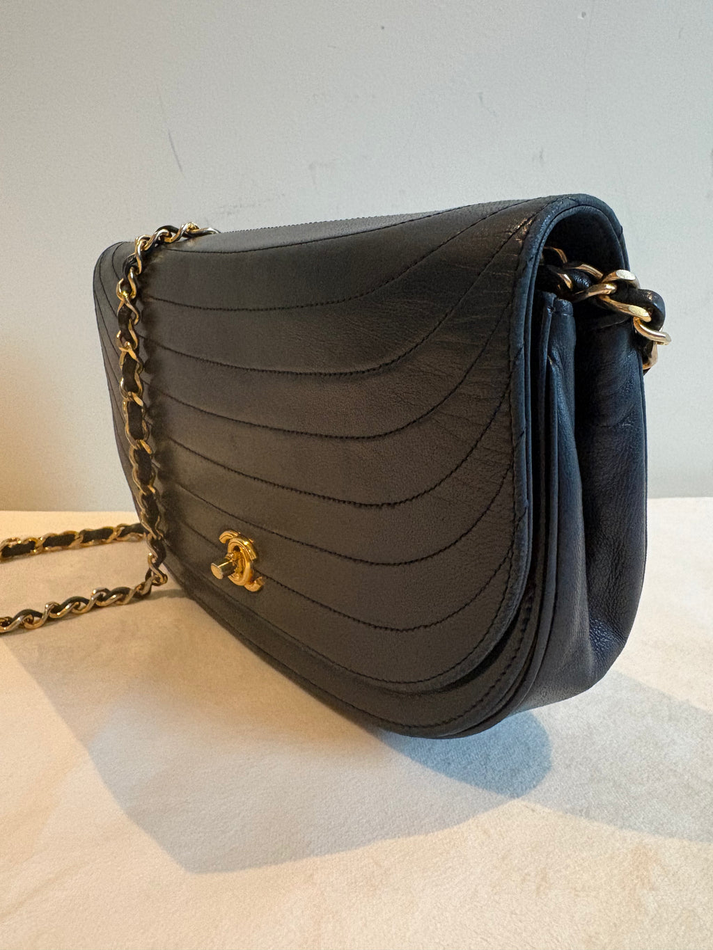 Chanel Half Moon Lambskin Chain Shoulder Bag Navy Blue Gold