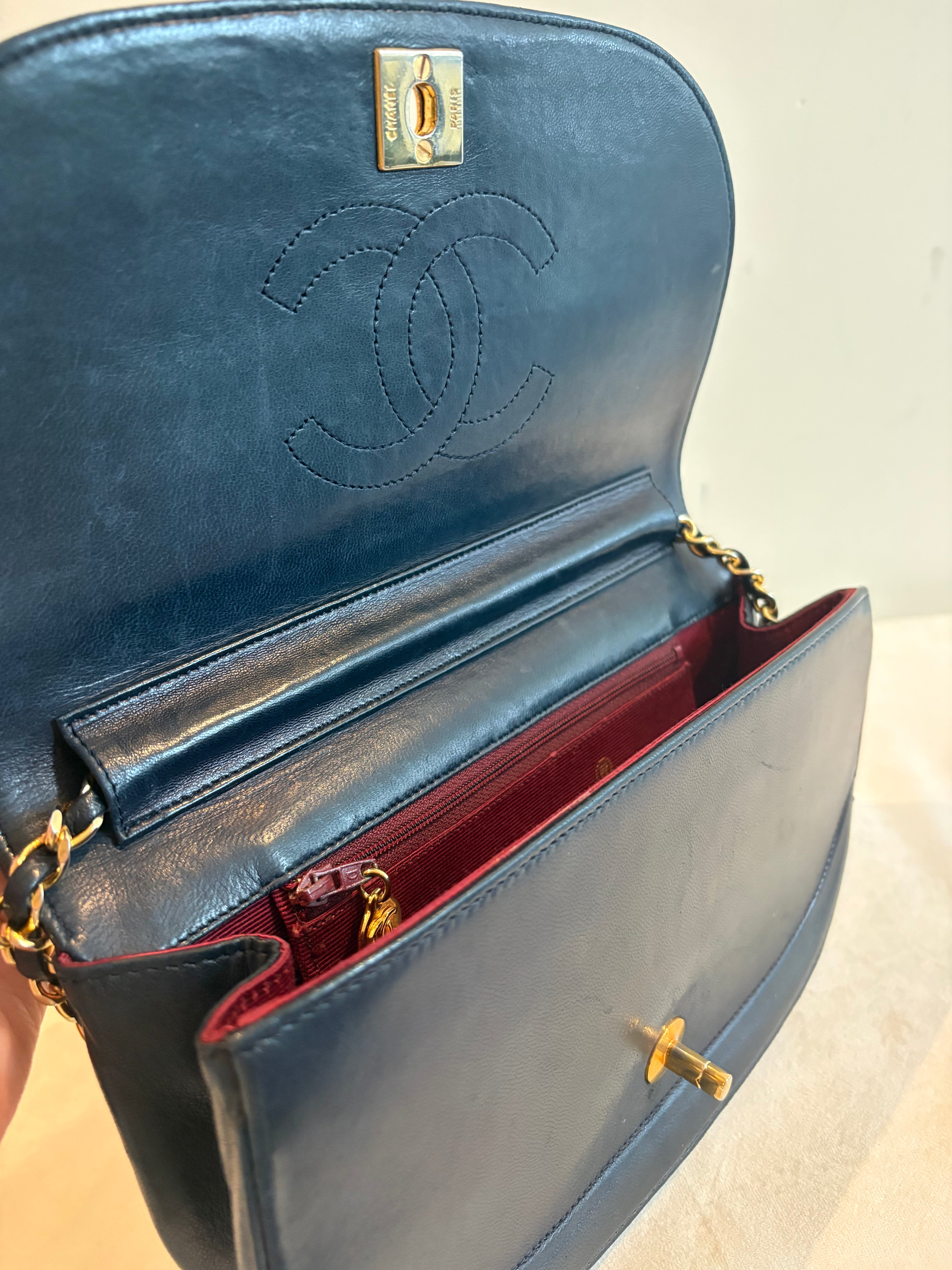 Chanel Half Moon Lambskin Chain Shoulder Bag Navy Blue Gold