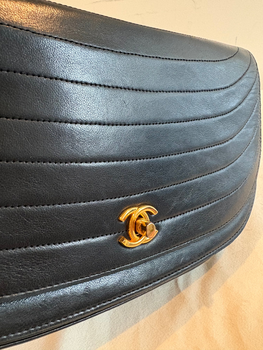 Chanel Half Moon Lambskin Chain Shoulder Bag Navy Blue Gold