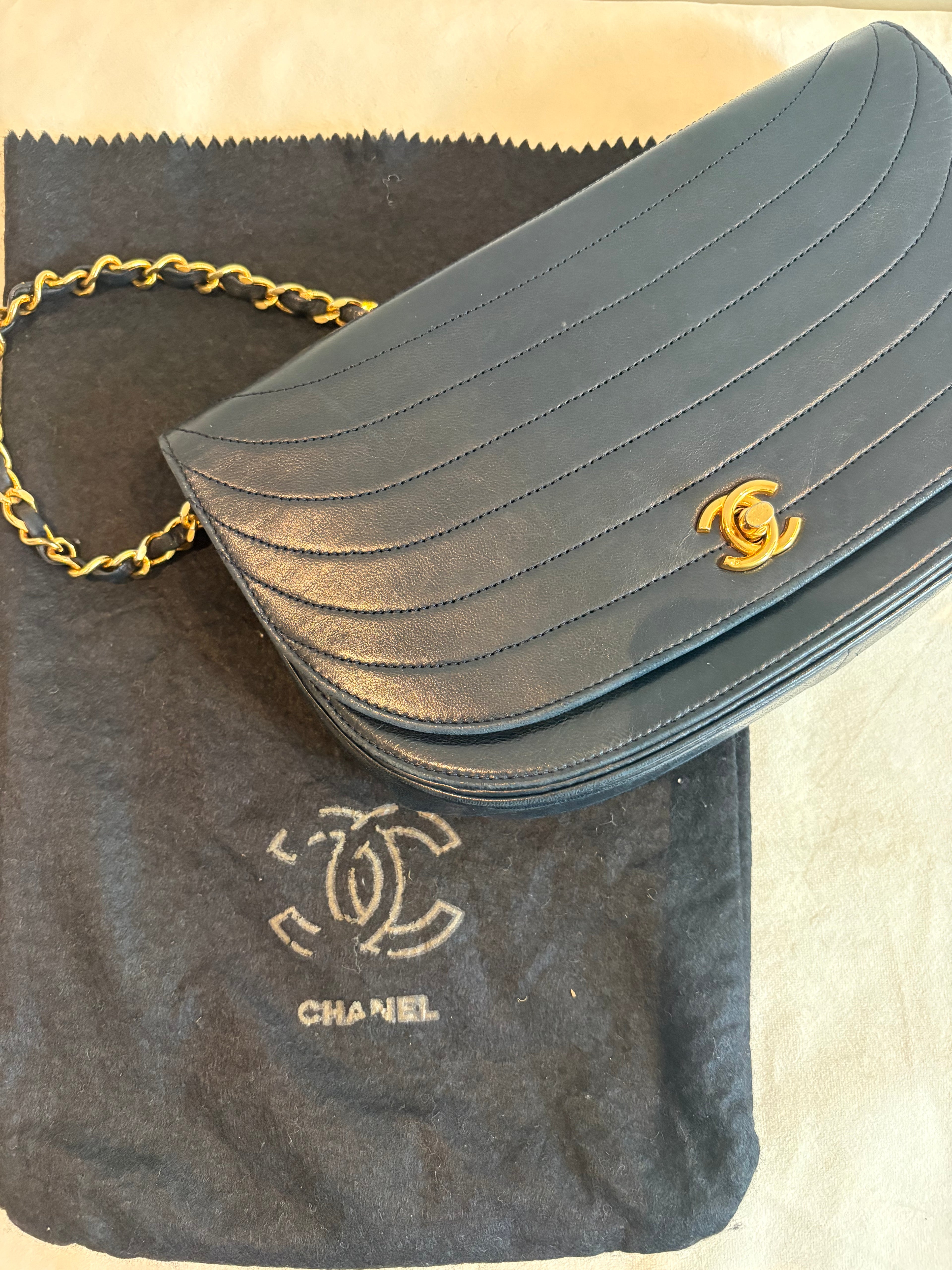 Chanel Half Moon Lambskin Chain Shoulder Bag Navy Blue Gold