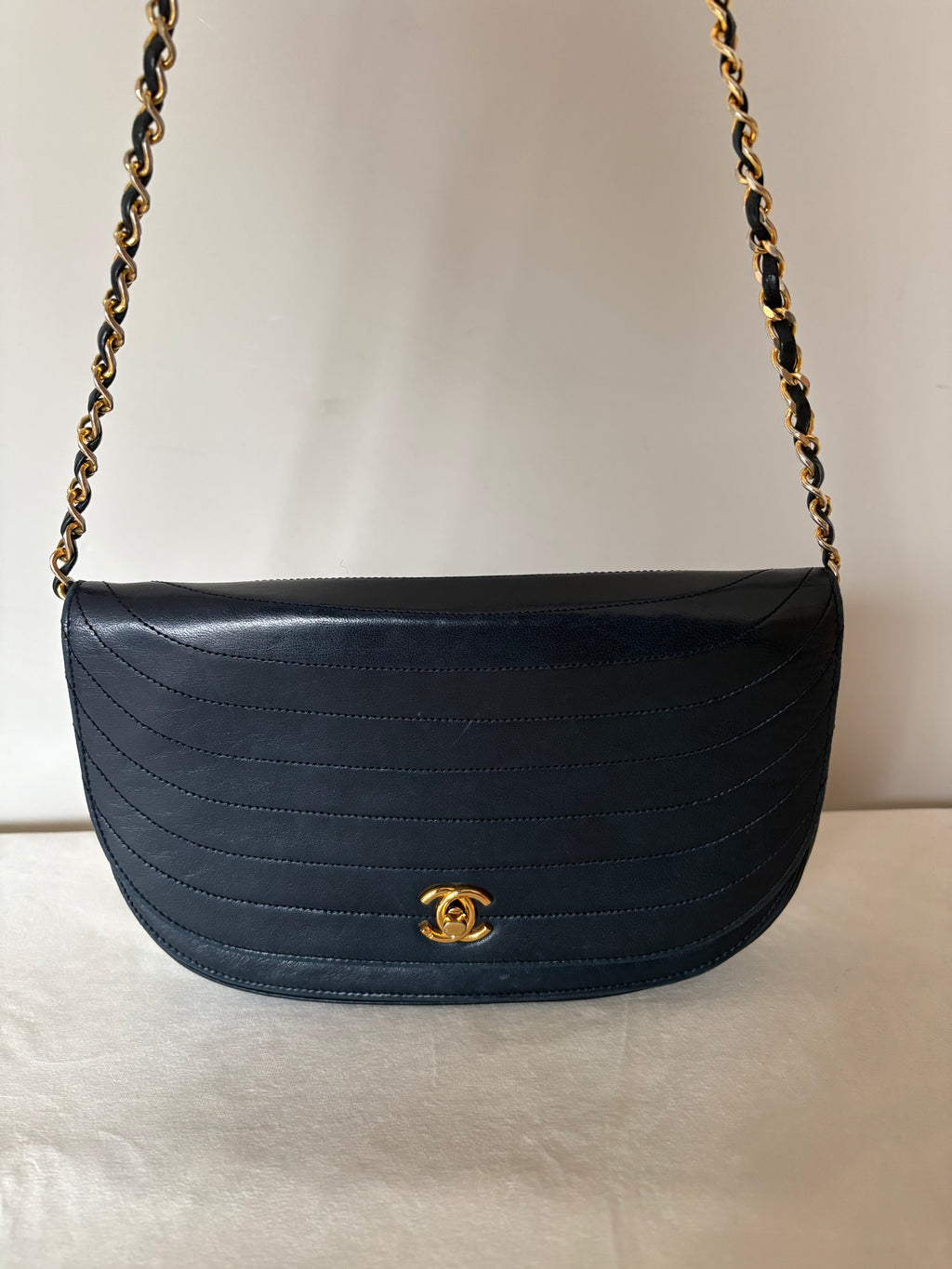 Chanel Half Moon Lambskin Chain Shoulder Bag Navy Blue Gold