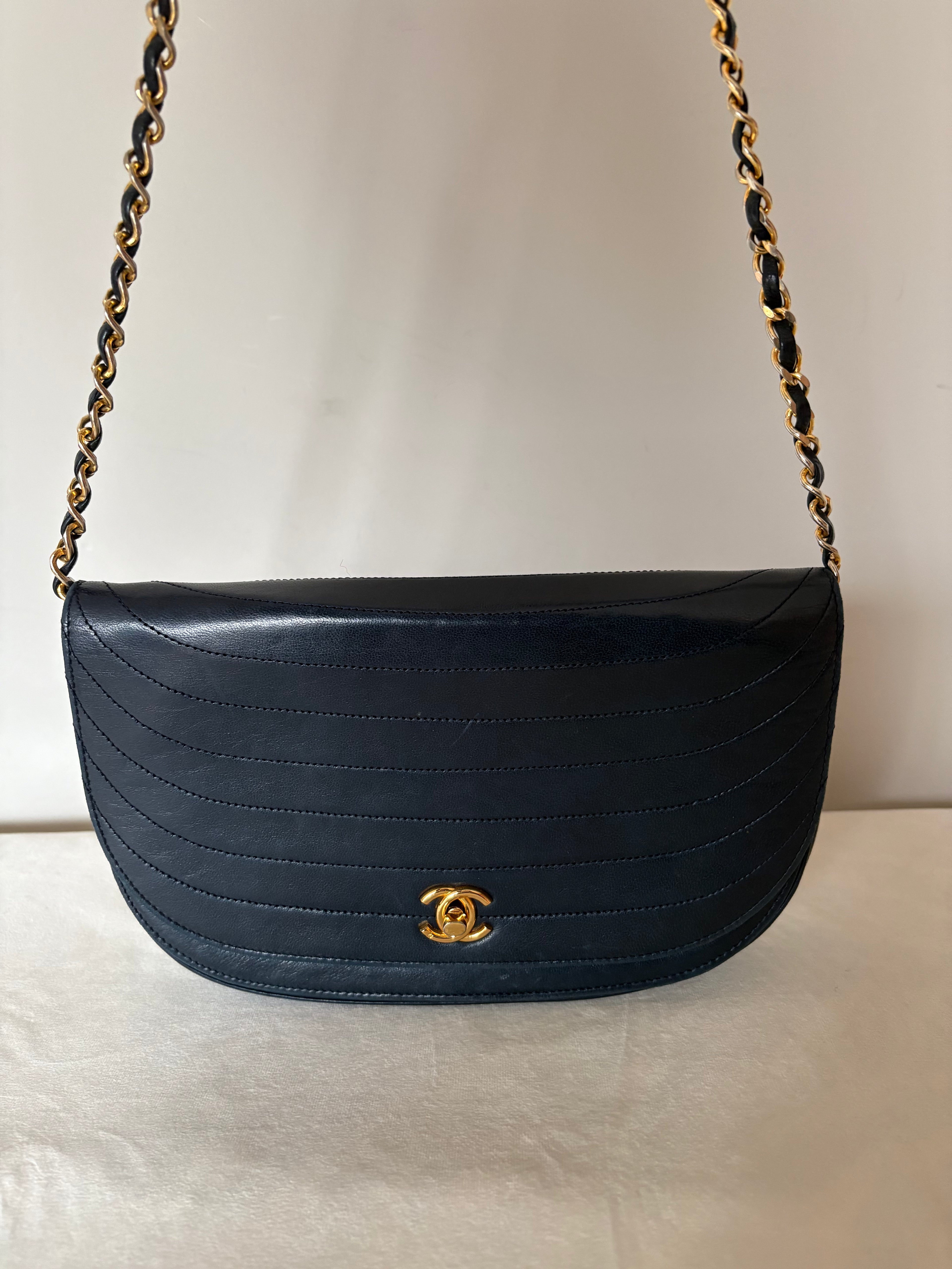 Chanel Half Moon Lambskin Chain Shoulder Bag Navy Blue Gold