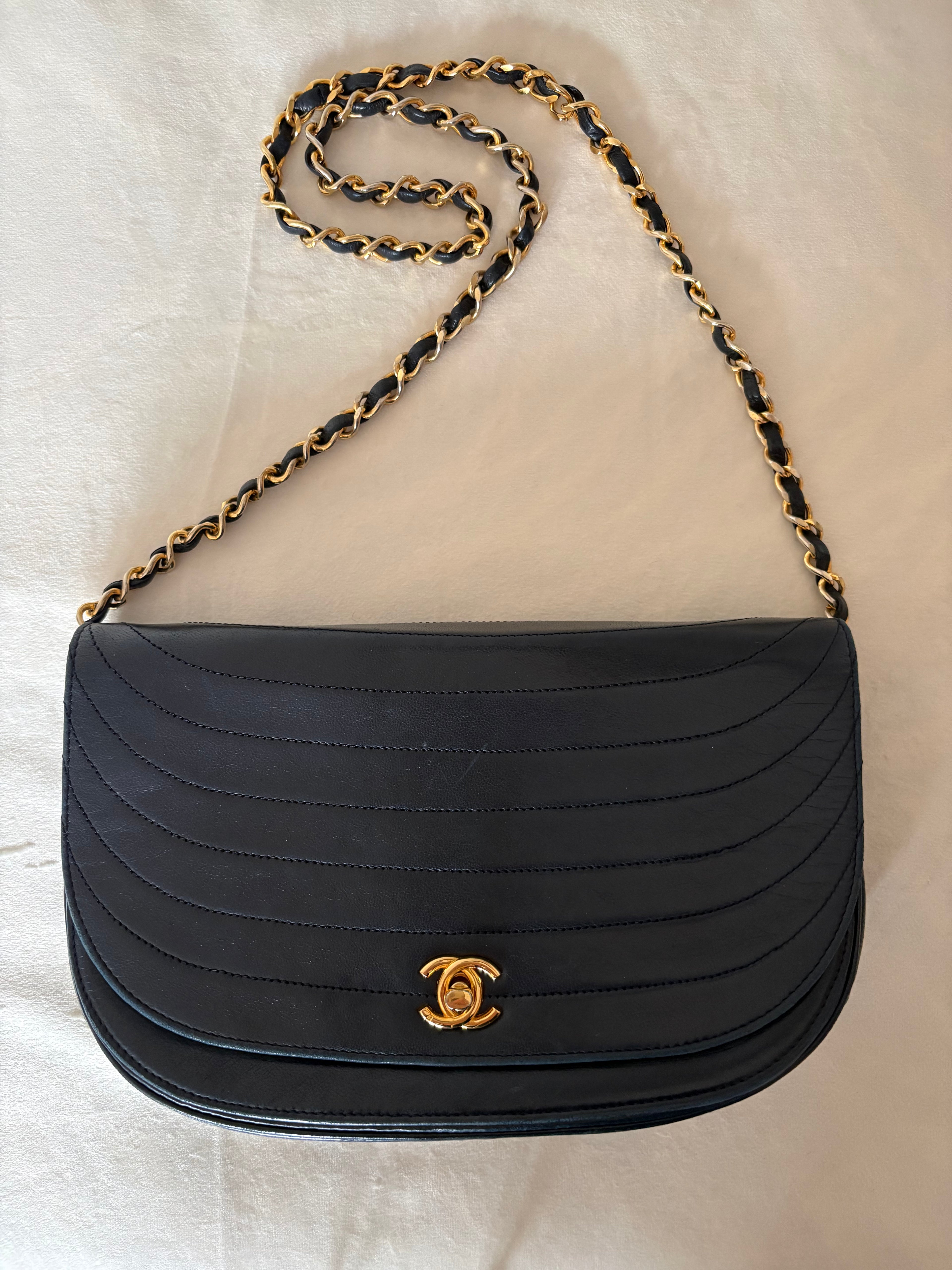 Chanel Half Moon Lambskin Chain Shoulder Bag Navy Blue Gold