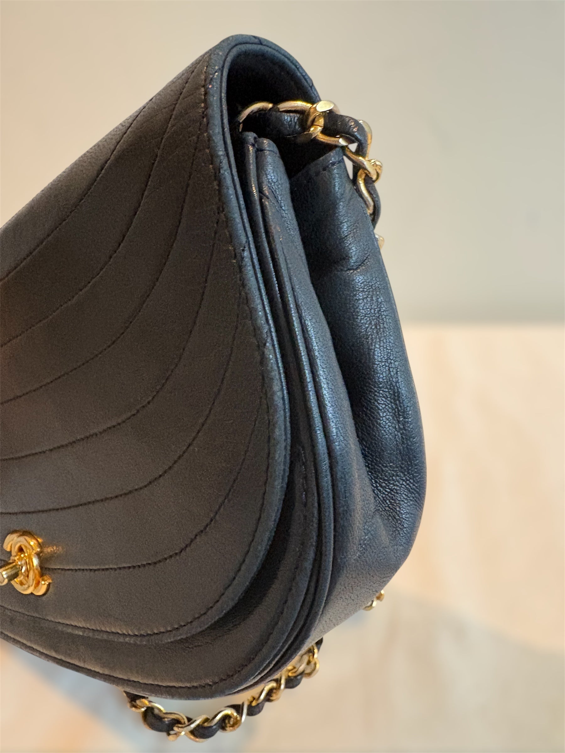 Chanel Half Moon Lambskin Chain Shoulder Bag Navy Blue Gold