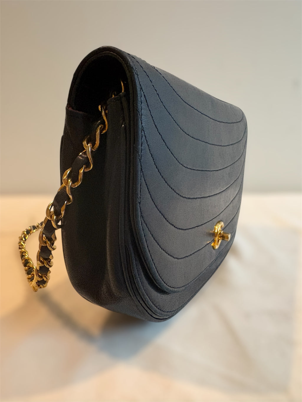 Chanel Half Moon Lambskin Chain Shoulder Bag Navy Blue Gold