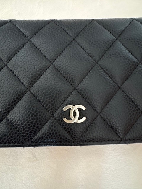 Chanel Matelasse Caviar Skin Long Wallet Black Silver Metal