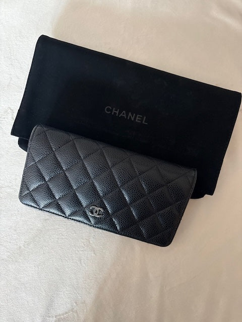Chanel Matelasse Caviar Skin Long Wallet Black Silver Metal