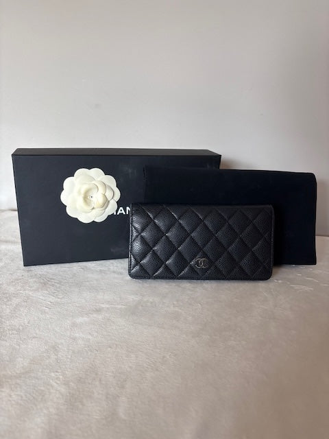 Chanel Matelasse Caviar Skin Long Wallet Black Silver Metal
