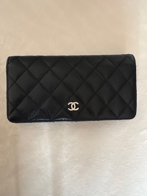 Chanel Matelasse Caviar Skin Long Wallet Black Silver Metal