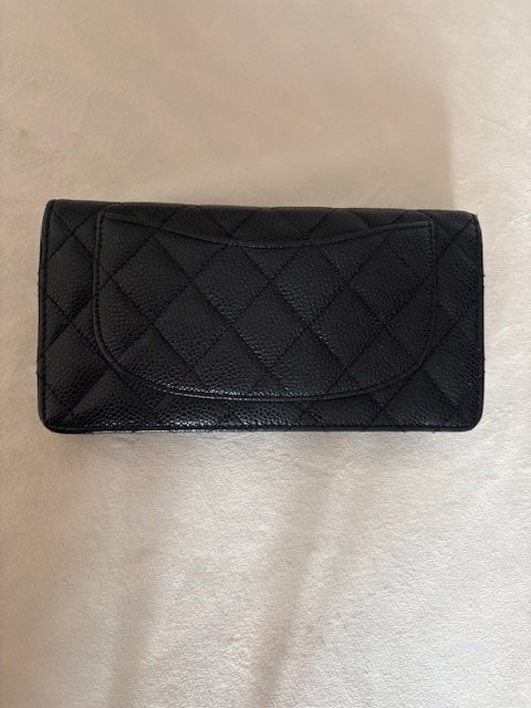 Chanel Matelasse Caviar Skin Long Wallet Black Silver Metal